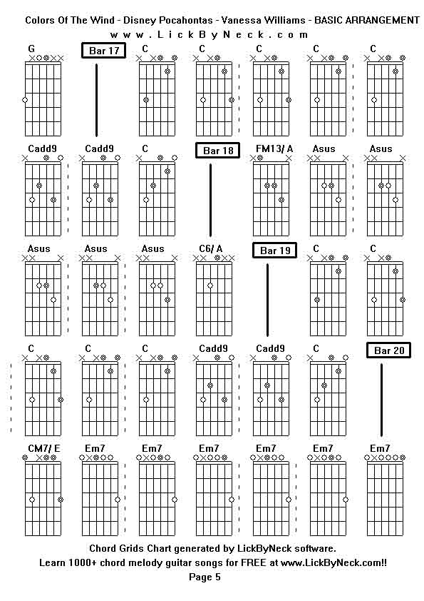 Chord Grids Chart of chord melody fingerstyle guitar song-Colors Of The Wind - Disney Pocahontas - Vanessa Williams - BASIC ARRANGEMENT,generated by LickByNeck software.